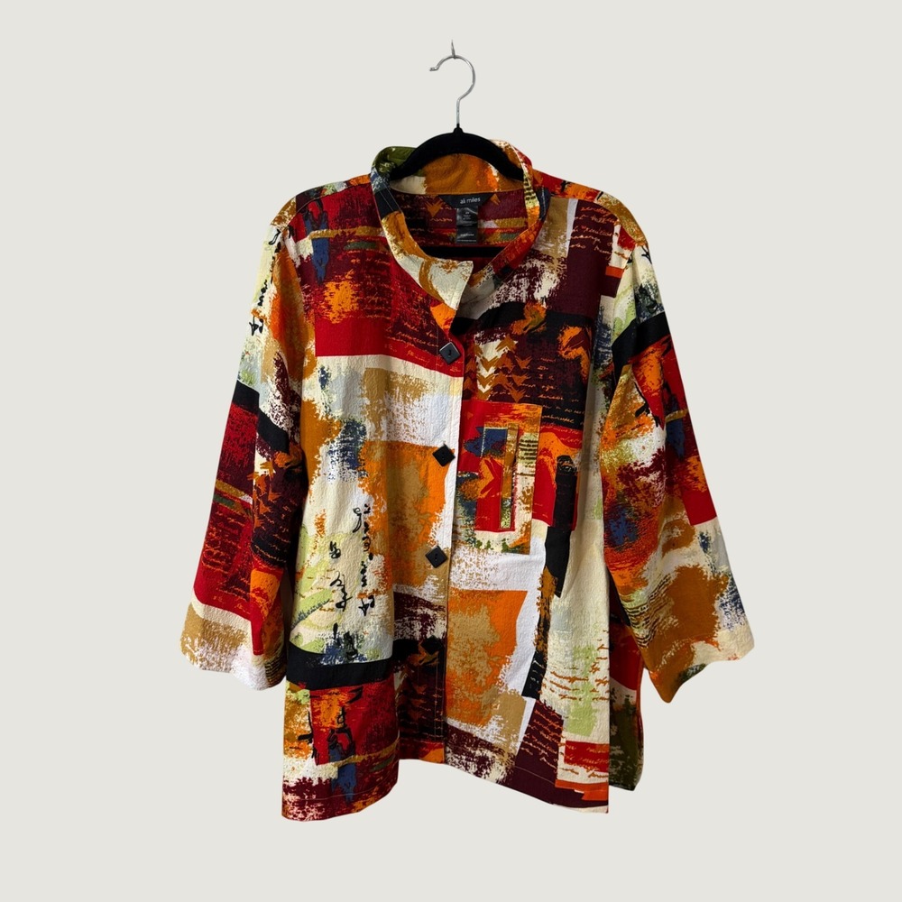 Ali Miles Abstract Artsy Print Jacket 2X Multi Color Buttons Fall Boho Artistic